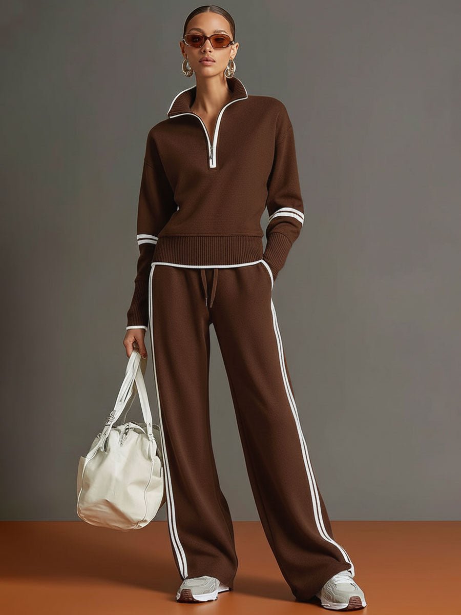 Retro Sporty Webbing Half zip Sweatshirt And Wide leg Pants Set