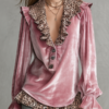 Retro V neck Leopard Print Ruffled Hem Velvet Shirt