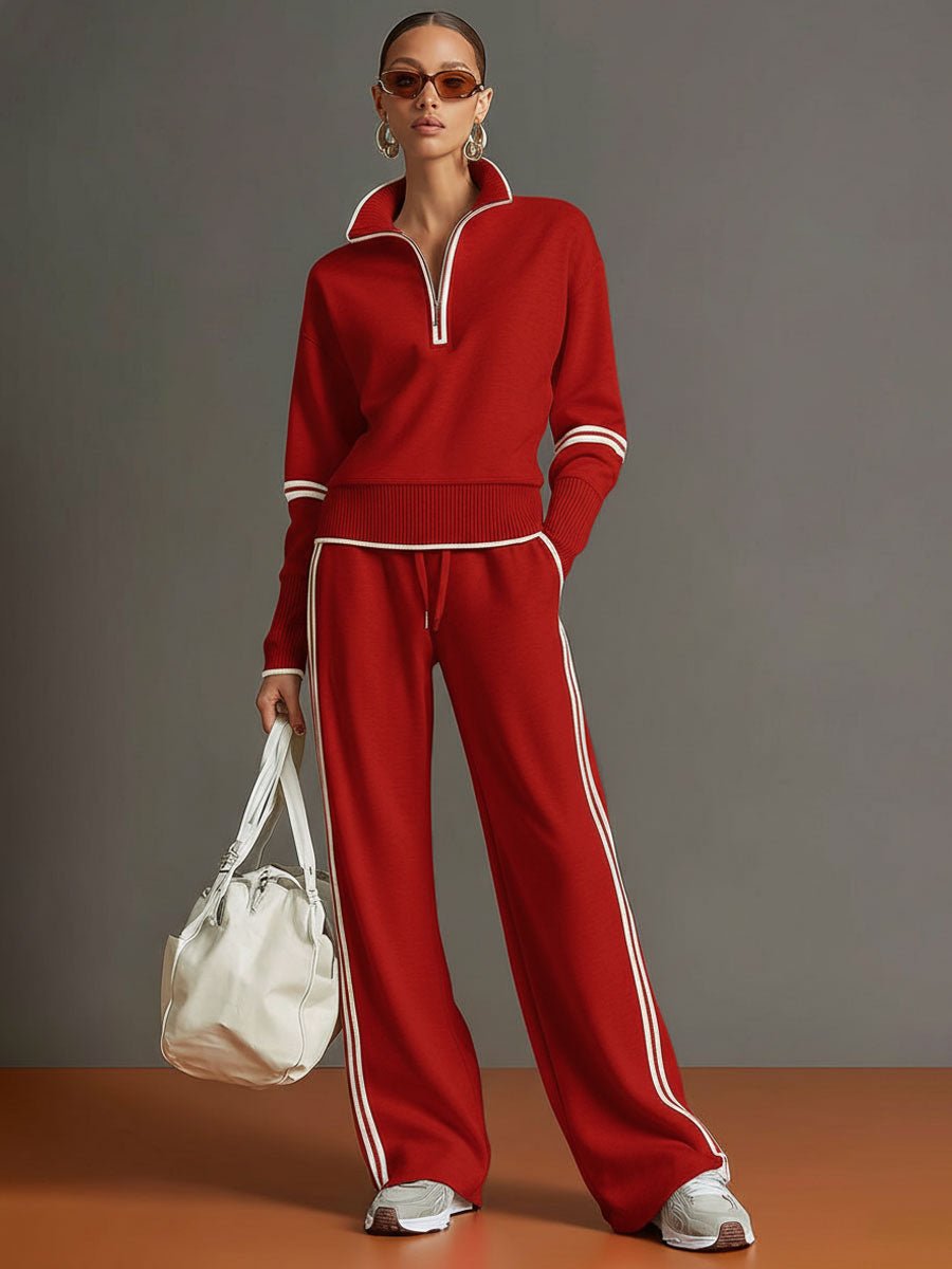 Retro Sporty Webbing Half zip Sweatshirt And Wide leg Pants Set
